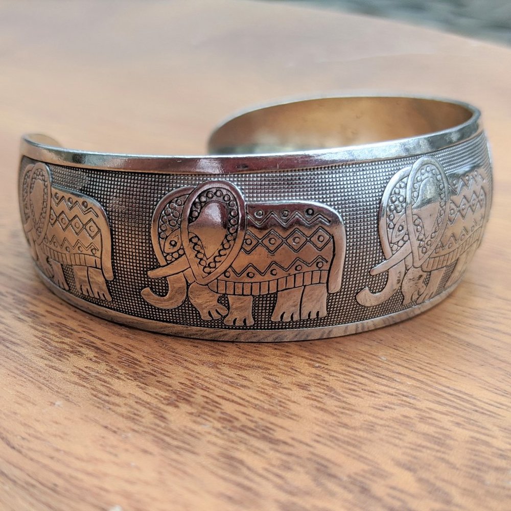 Tibetian Silver Toned Elephant Cuff Bracelet